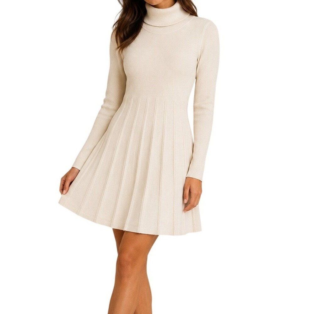 Calvin Klein Cream Ribbed Knit Turtleneck Mini Dress Women's Medium